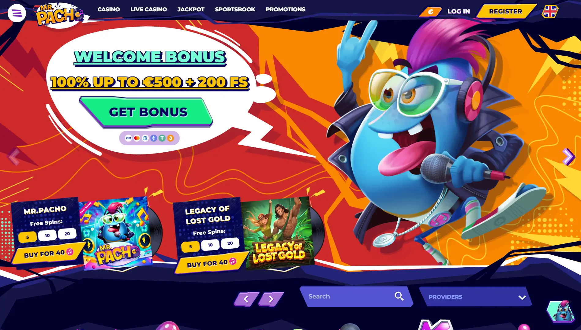 Banner bonus di benvenuto MrPacho Casino con 100% di bonus fino a 500 euro e 200 giri gratuiti